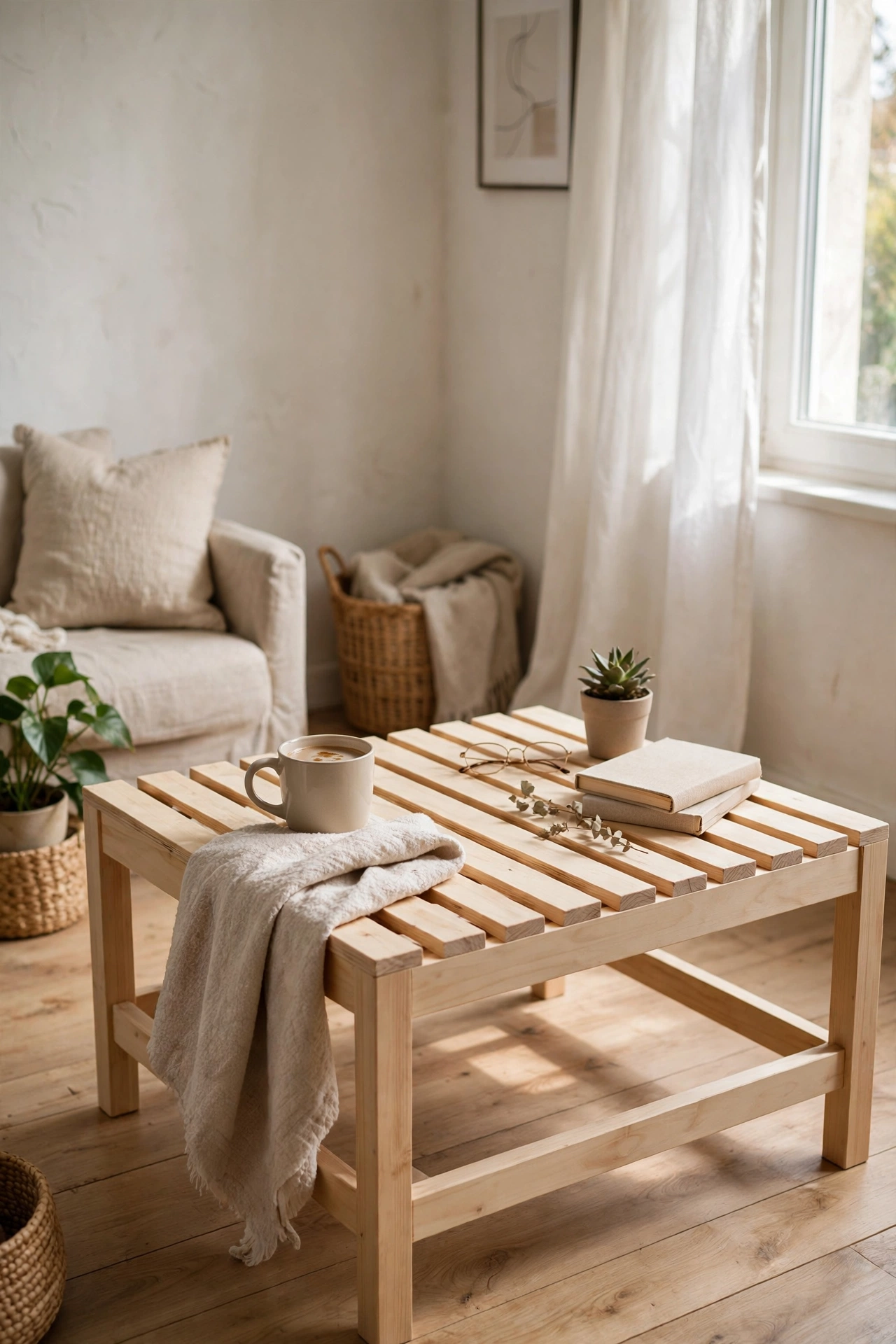 Light modern DIY coffee table with evenly spaced wooden slats and shadow gaps