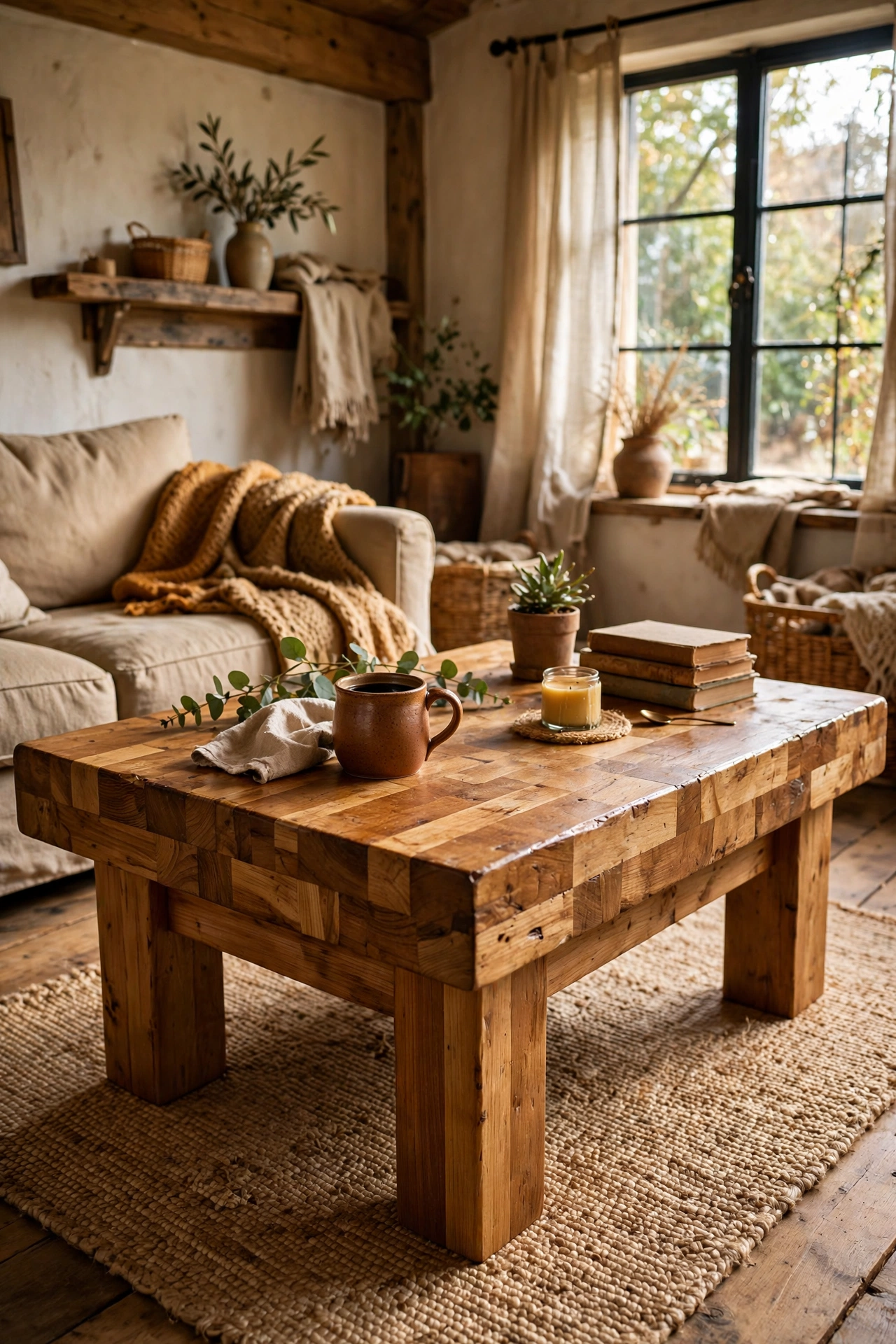 Chunky DIY coffee table with a thick laminated butcher-block style timber top