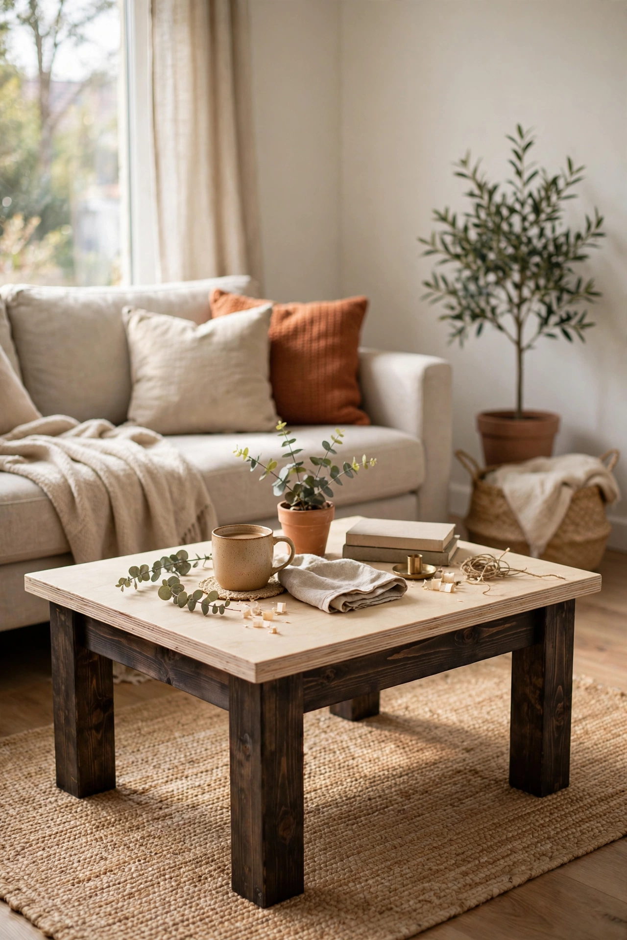 Minimalist DIY coffee table with a birch plywood top and chunky dark-stained pine legs