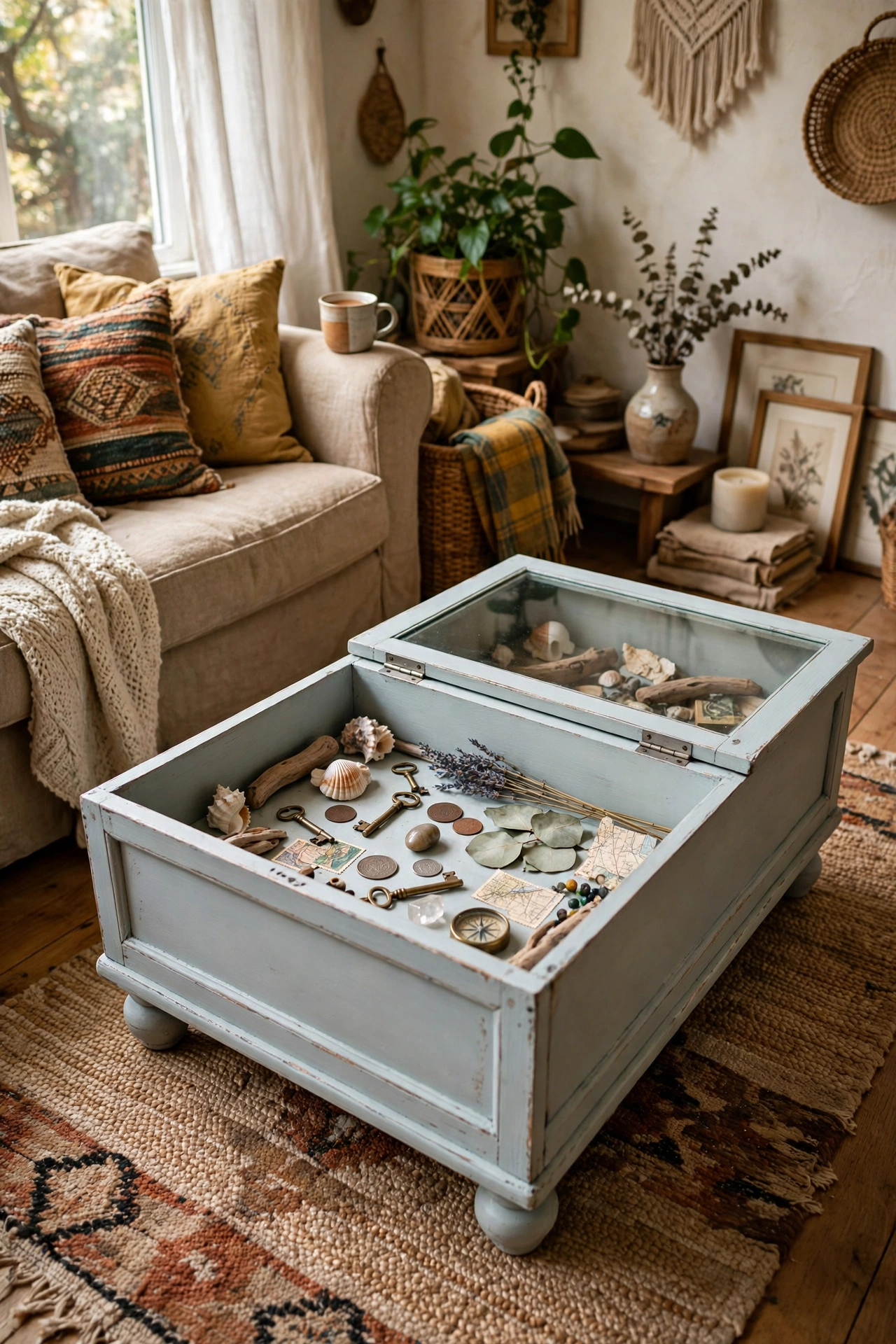 Charming DIY coffee table made from a vintage dresser drawer with a hinged glass display top