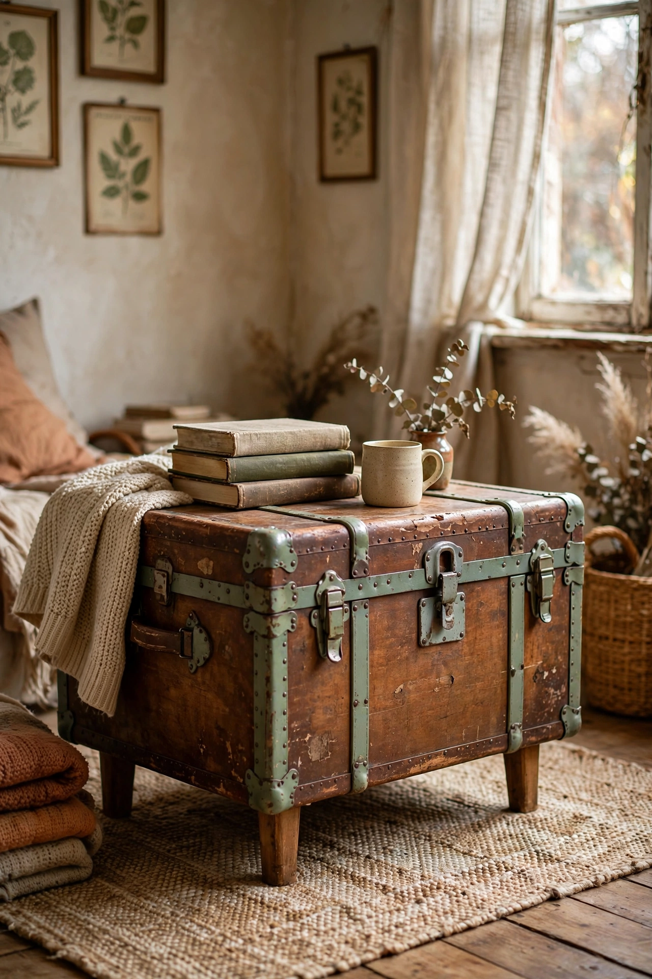 Vintage trunk refreshed as a DIY coffee table with patina finish and short legs