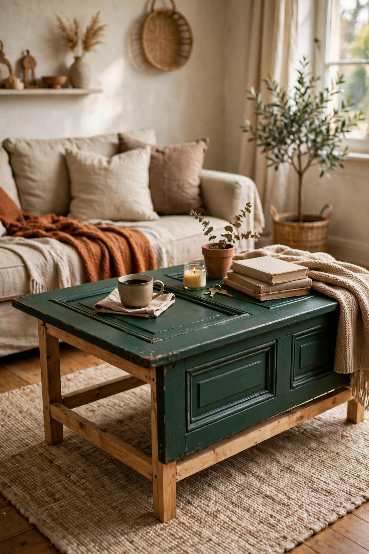 DIY coffee table with a panelled old door top painted deep green on a simple leg frame