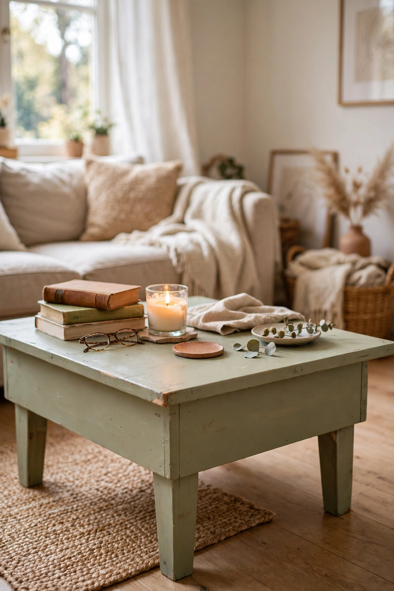 Solid pine DIY coffee table converted from a thrifted desk with sawn-down legs