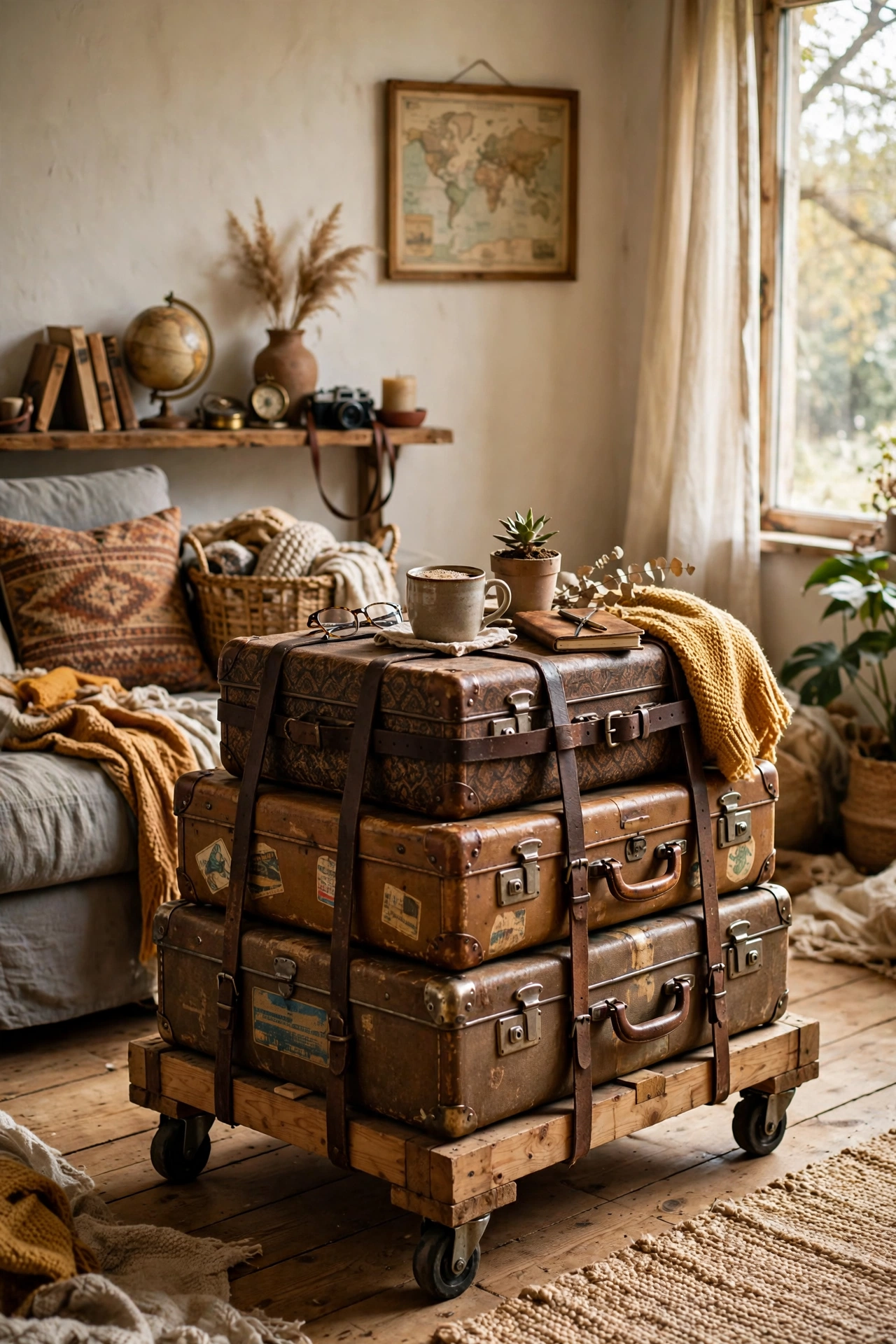 Quirky DIY coffee table from a stack of vintage suitcases strapped on a timber frame with castors
