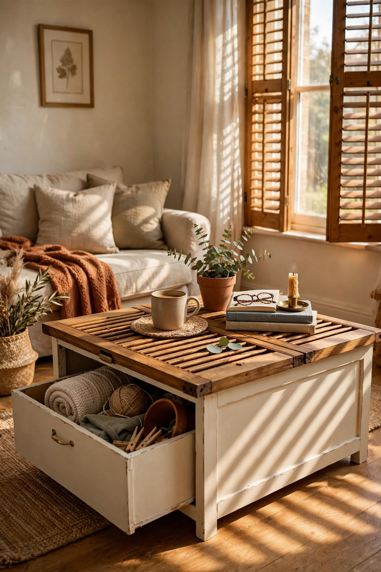 DIY coffee table with a sliding shutter panel top over a cream storage box base