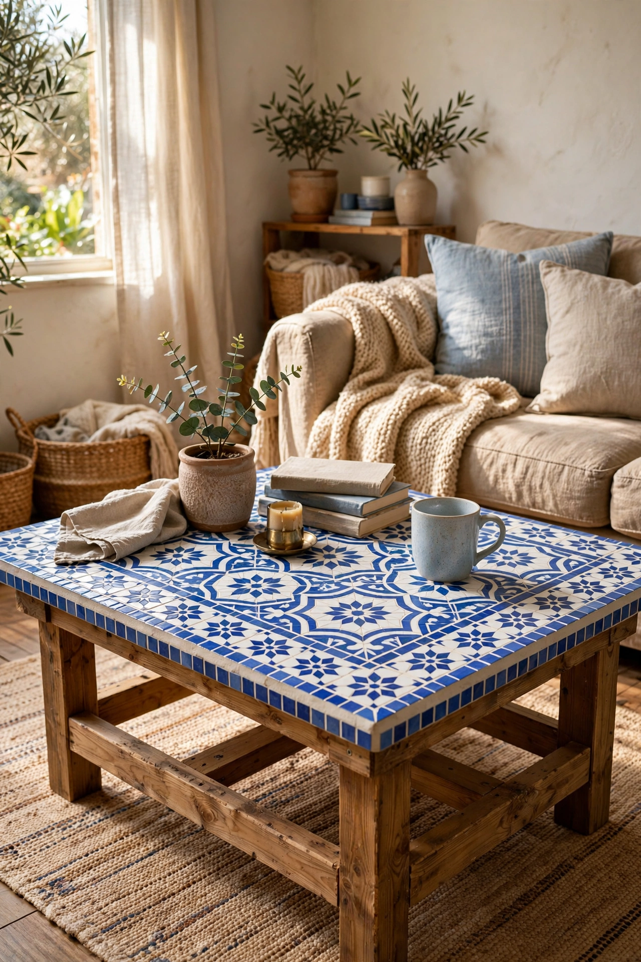 Stunning DIY coffee table with a blue and white mosaic tiled top