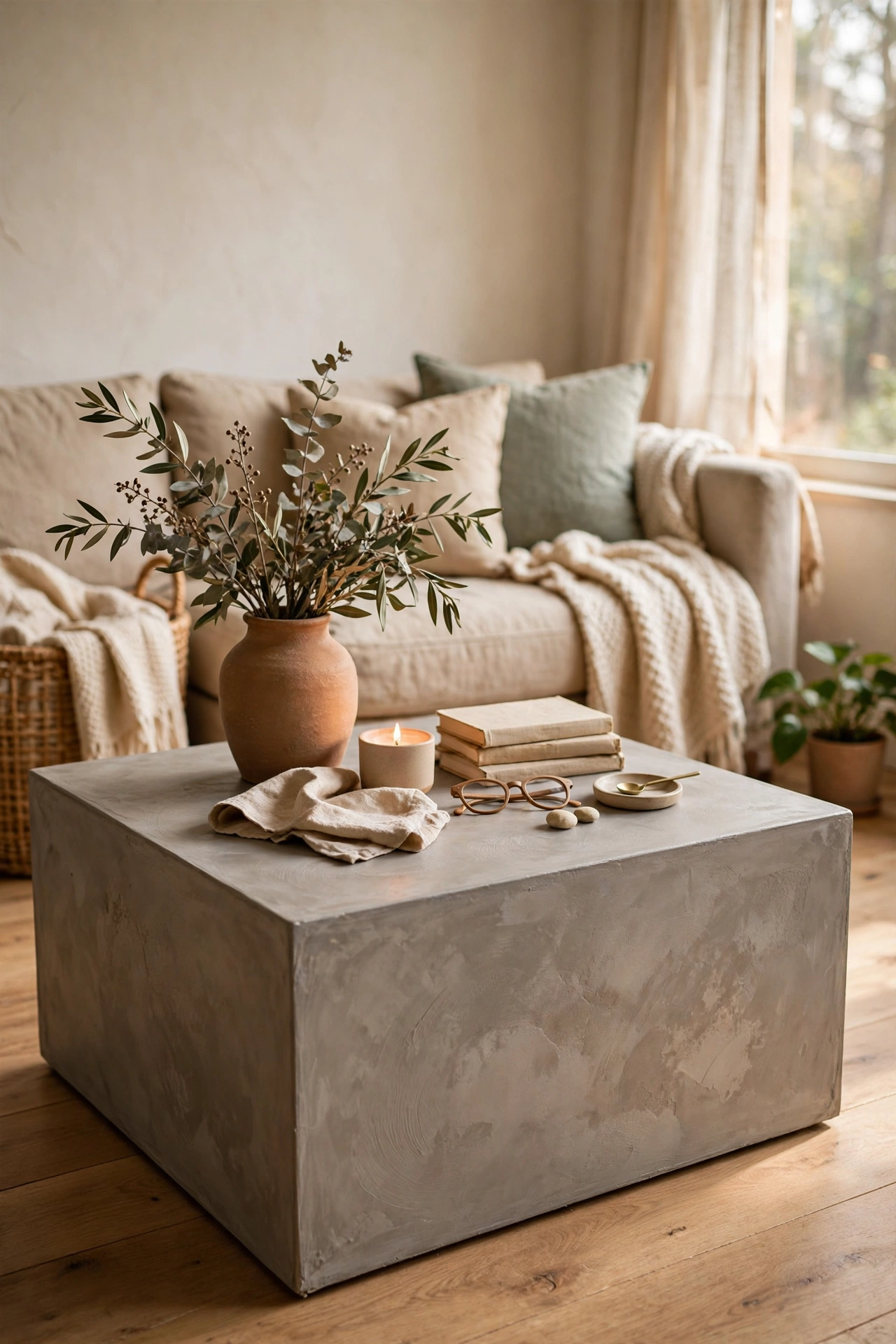 Modern DIY coffee table with a warm grey microcement finish over a plain top