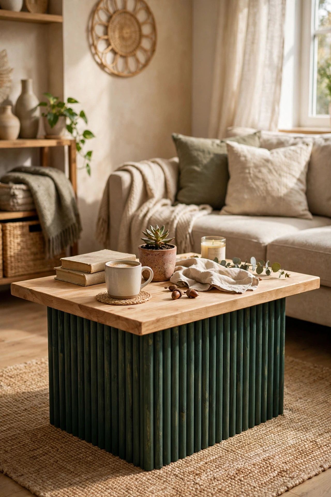 Trendy DIY coffee table with a fluted timber dowel panel base painted dark green