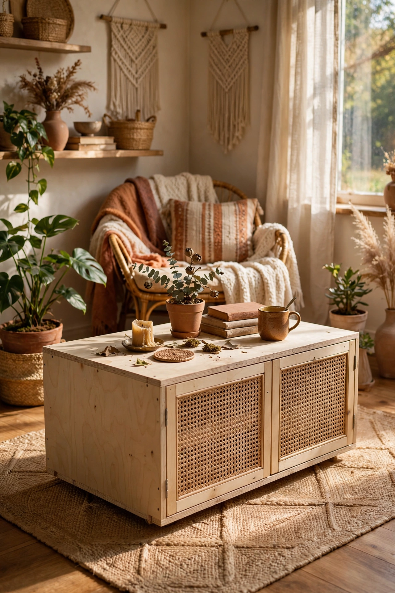 Stylish DIY coffee table with rattan cane webbing front panels and birch ply box