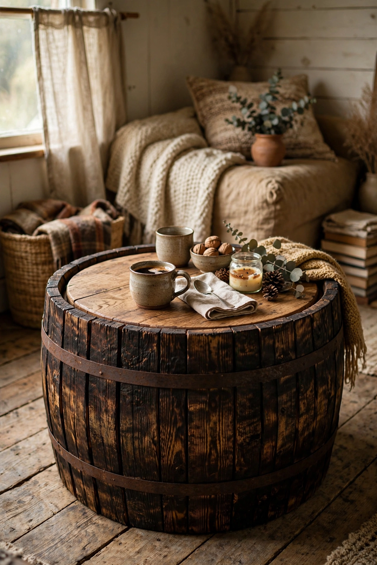 Rustic DIY coffee table made from banded whisky barrel staves with a round timber top