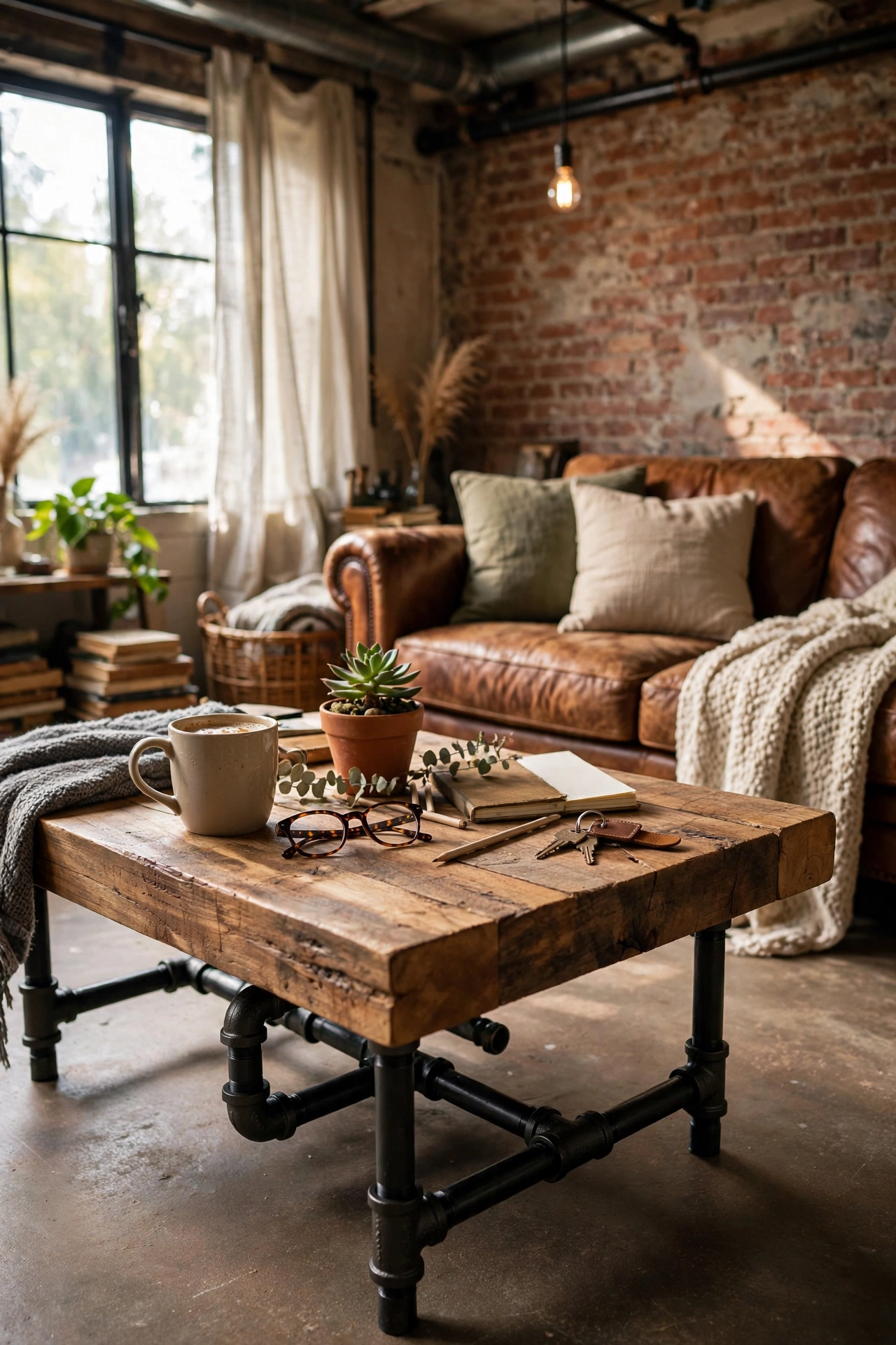 Industrial DIY coffee table with black plumbing pipe base and thick timber top