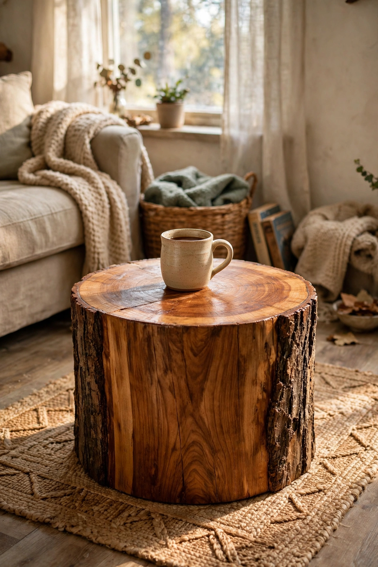 Free tree stump sanded smooth and oiled as a rustic DIY coffee table in a living room