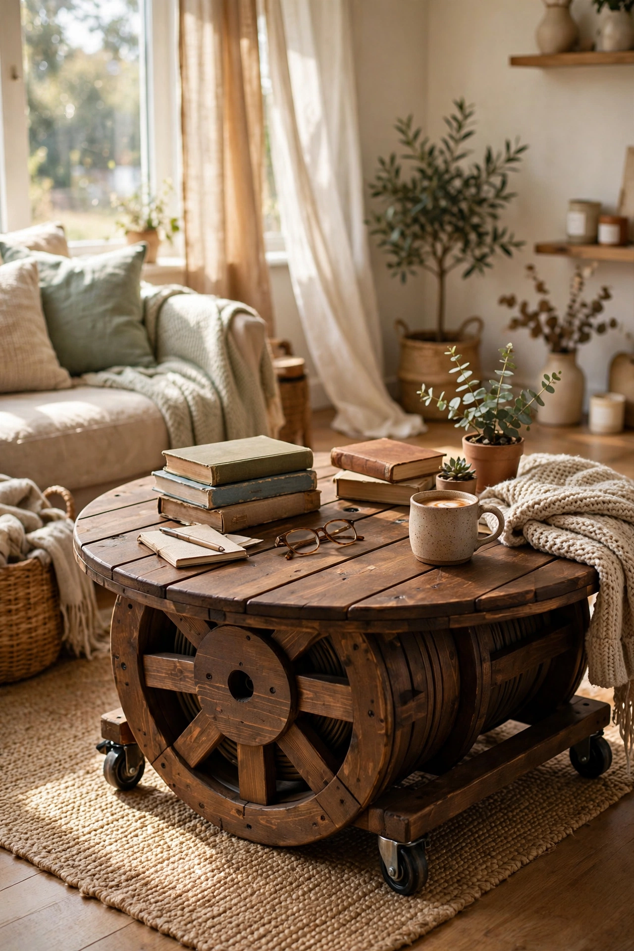 DIY coffee table made from a sanded wooden cable reel stained dark walnut
