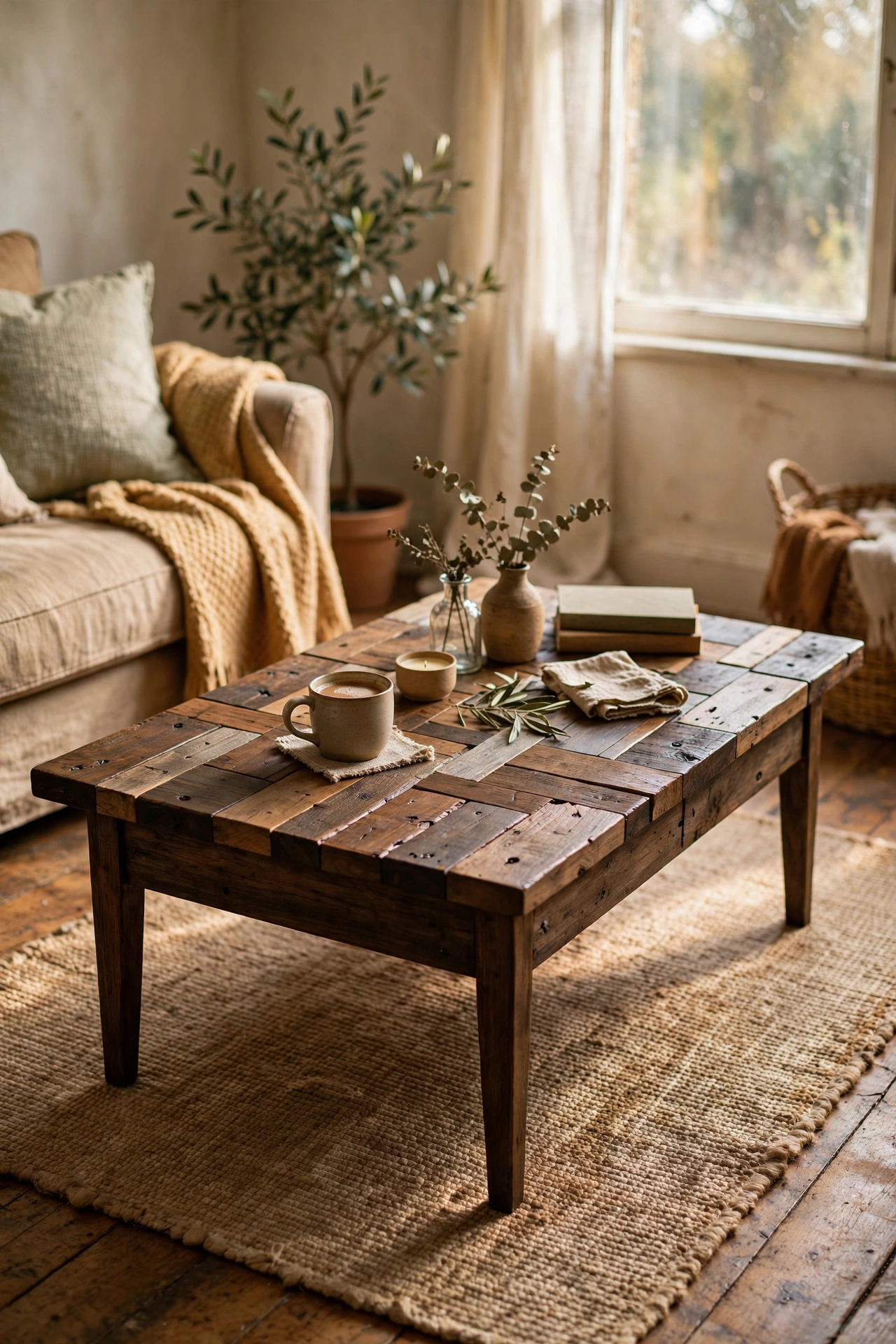 Rustic DIY coffee table top built from skip-rescued timber offcuts with dark stain