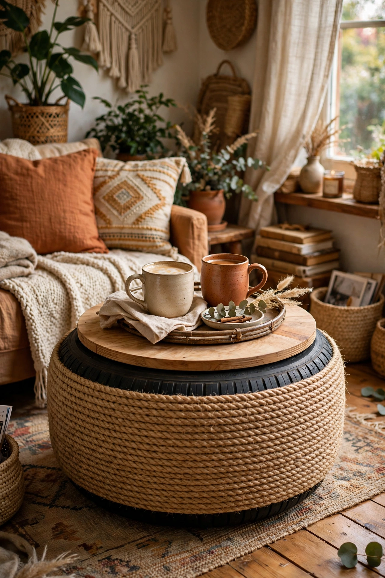 Chunky DIY coffee table ottoman made from an old tyre wrapped in sisal rope