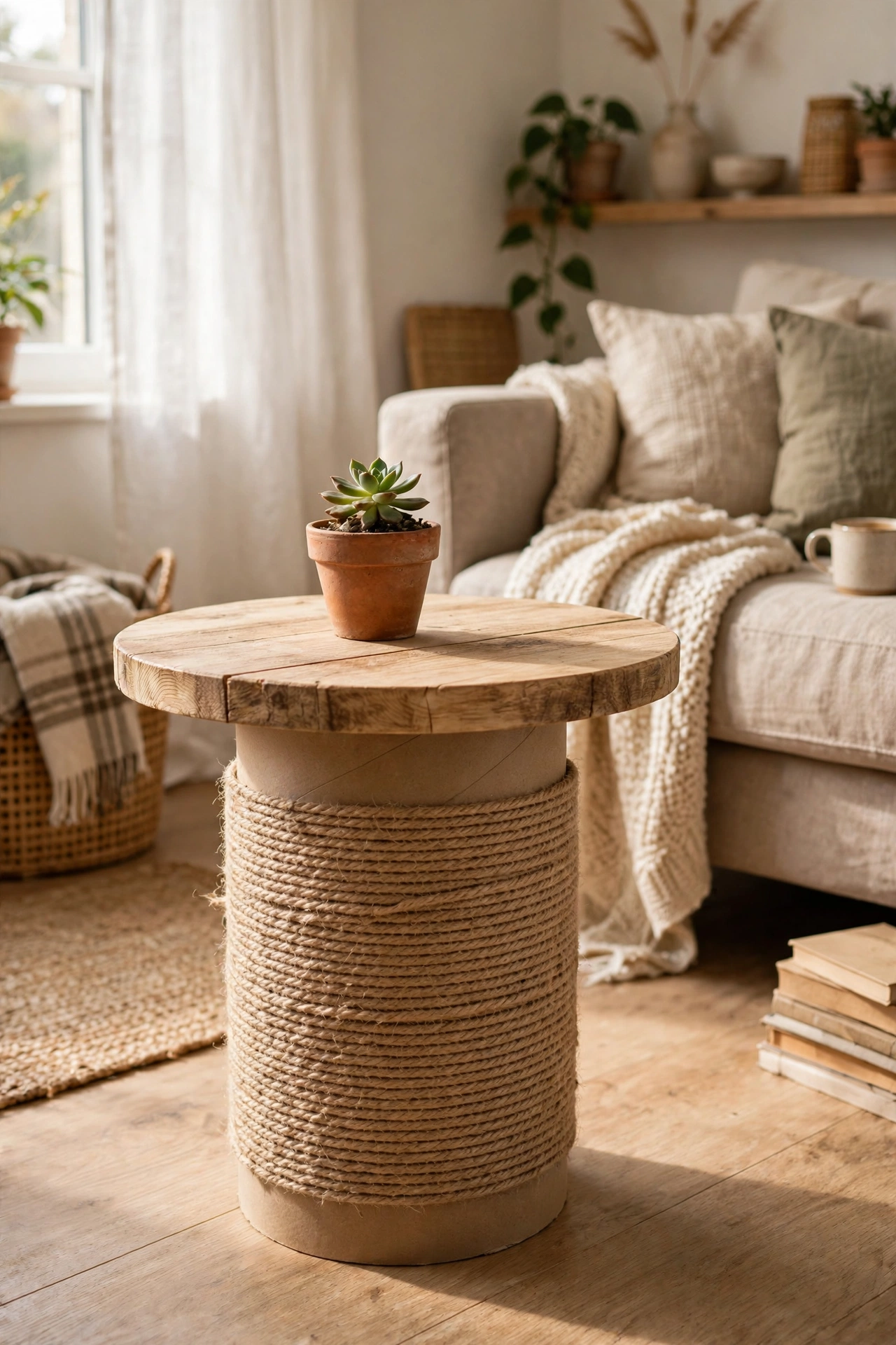 Clever DIY coffee table pedestal made from a carpet roll cardboard tube with a round timber top