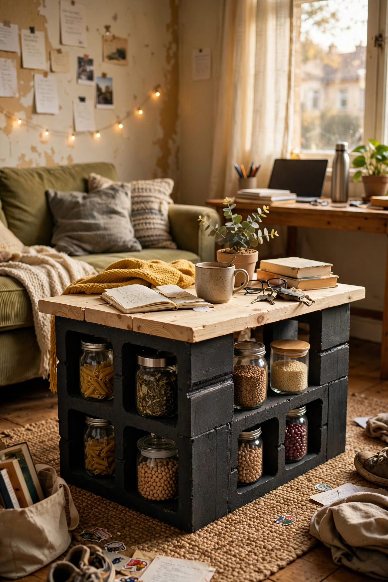 Budget DIY coffee table from painted charcoal cinder blocks with a wooden plank top