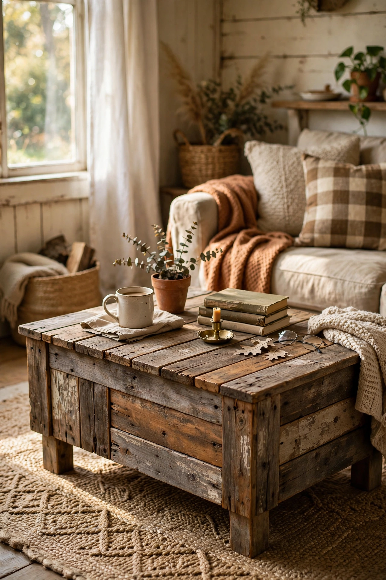 Rustic DIY coffee table with a top made from reclaimed old fence panels, oiled finish