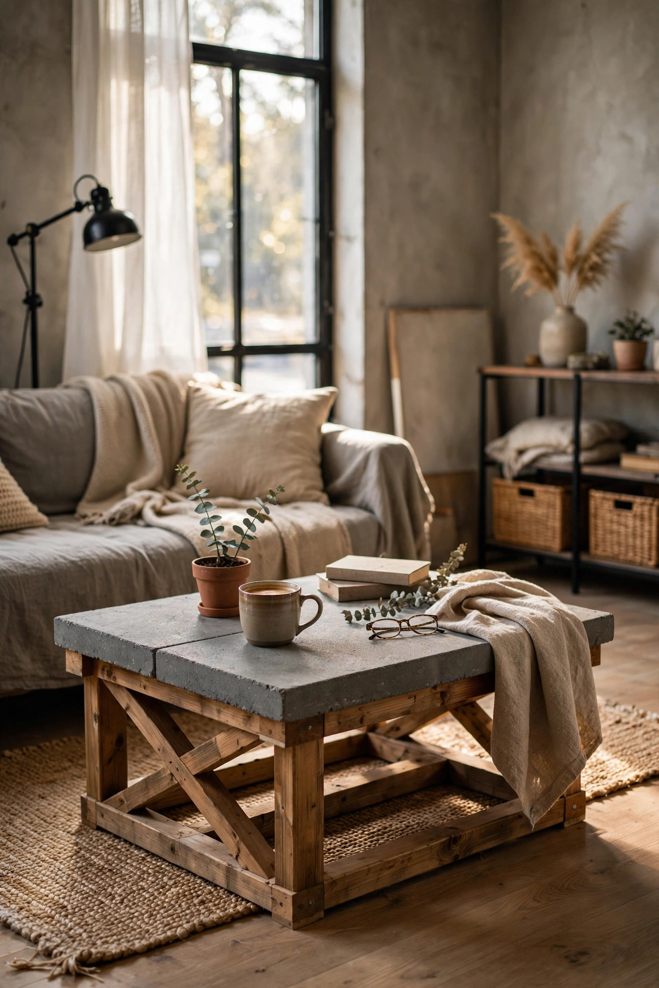 Modern DIY coffee table with a heavy concrete paver top on a timber base