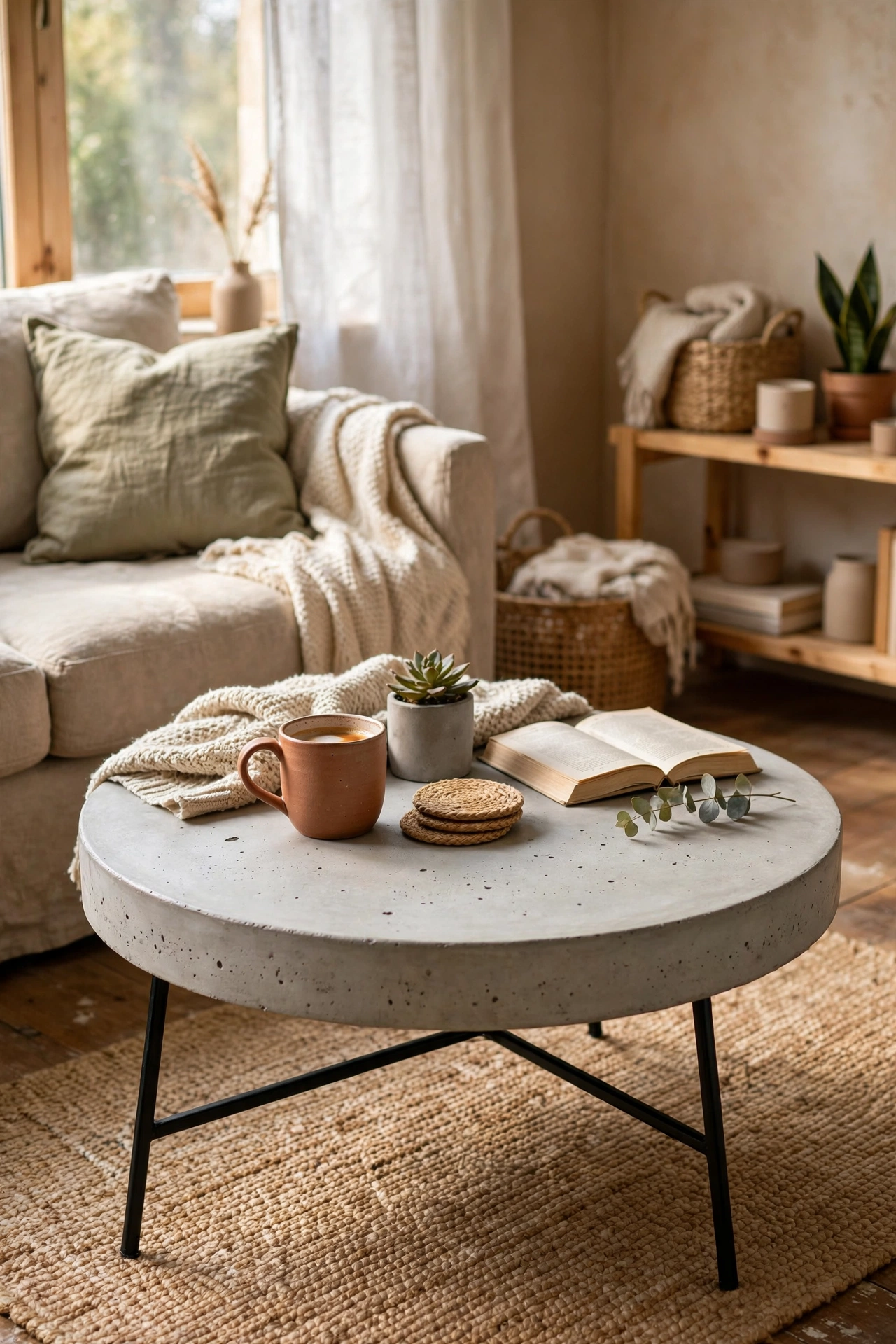 Round DIY coffee table with a concrete top cast in a bucket mould on slim legs