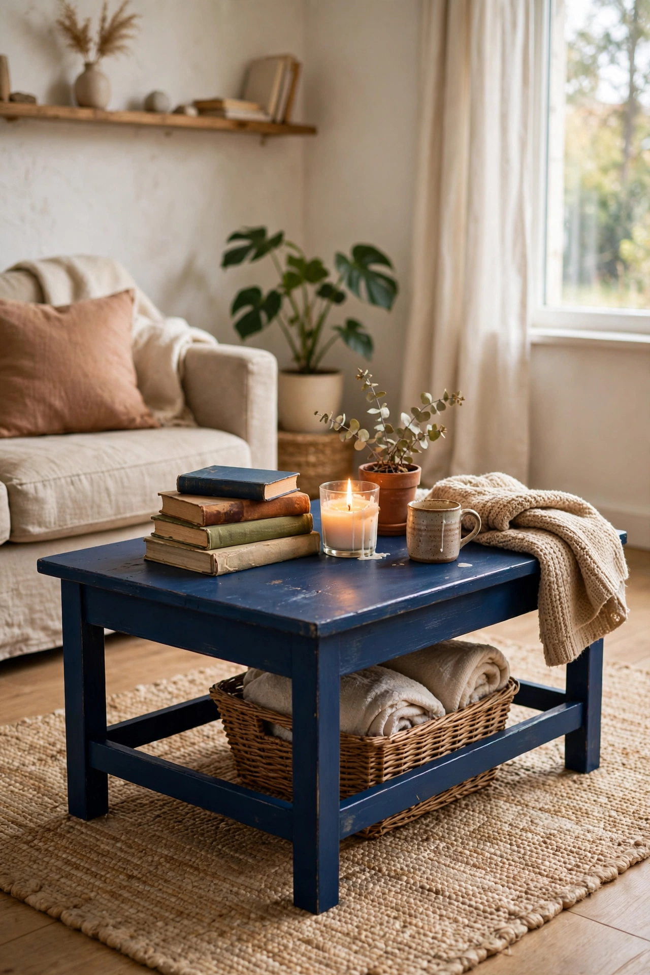 Charity shop DIY coffee table given a deep blue furniture paint flip