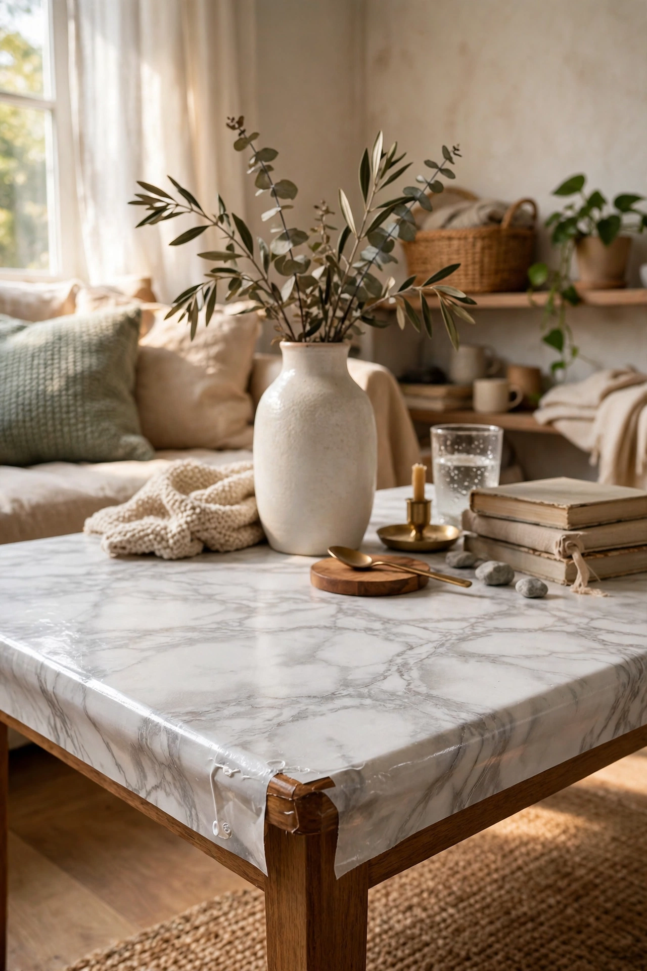 Old laminate DIY coffee table refreshed with marble-effect contact paper