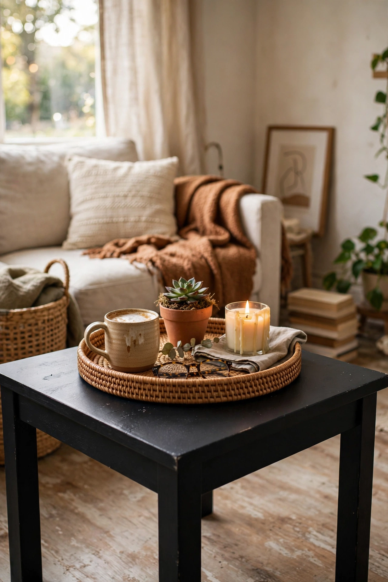 IKEA Lack DIY coffee table hacked with matte black paint and a rattan tray top