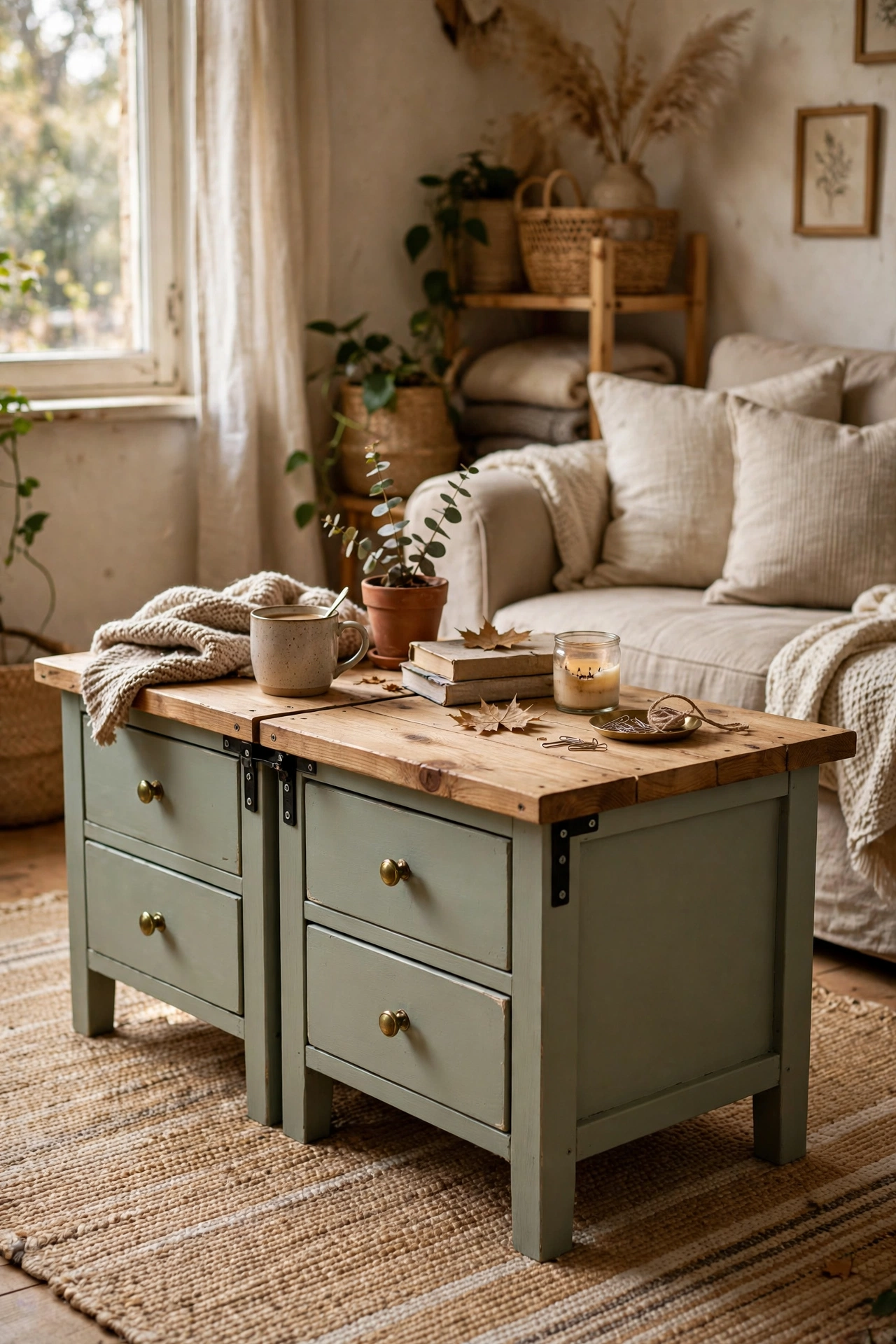 DIY coffee table made from two joined bedside tables bolted together and painted as one