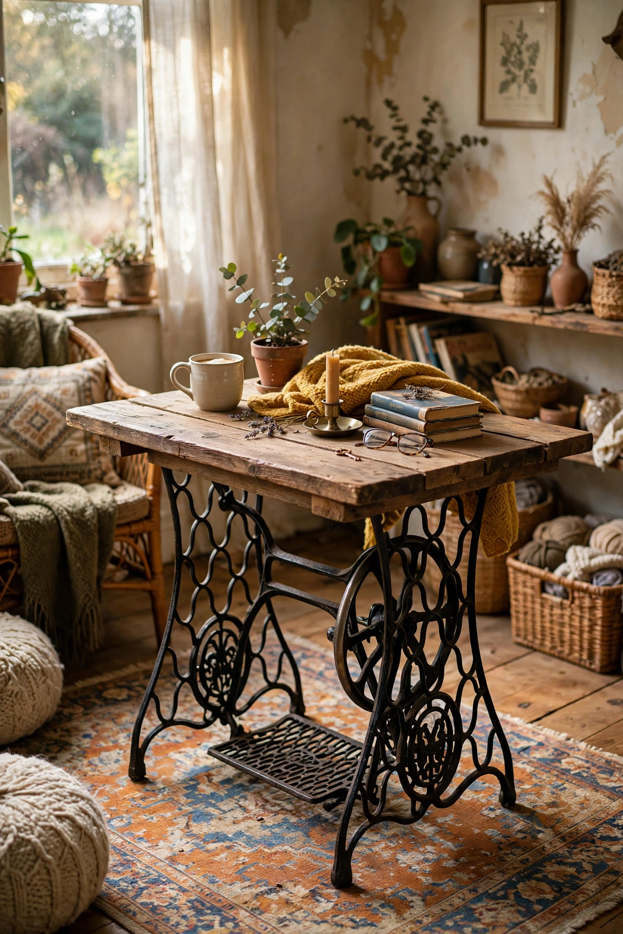 Unique DIY coffee table with a cast iron treadle sewing machine base and timber plank top