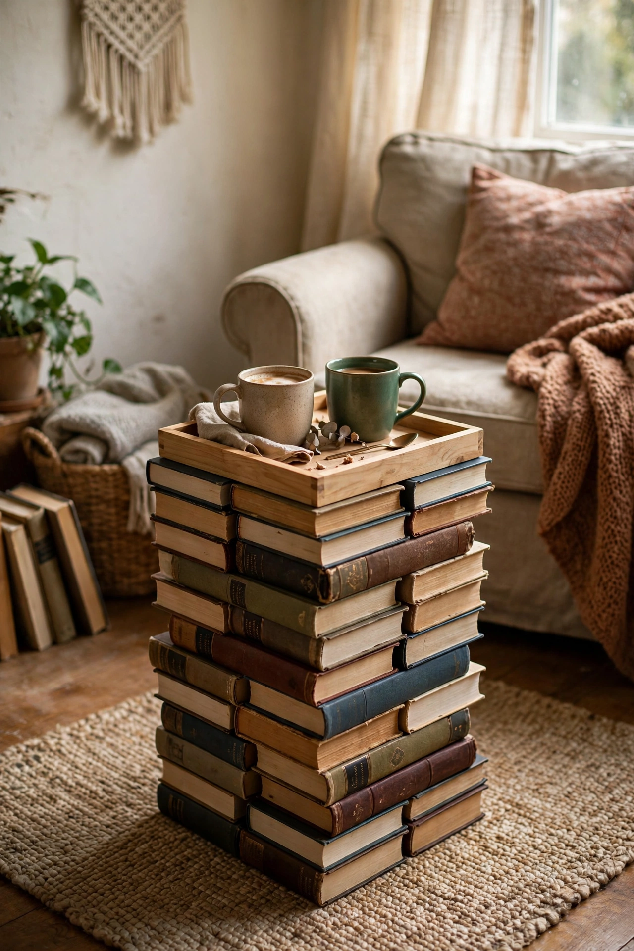Book lover's DIY coffee table built from a tower of glued hardback books with a tray on top