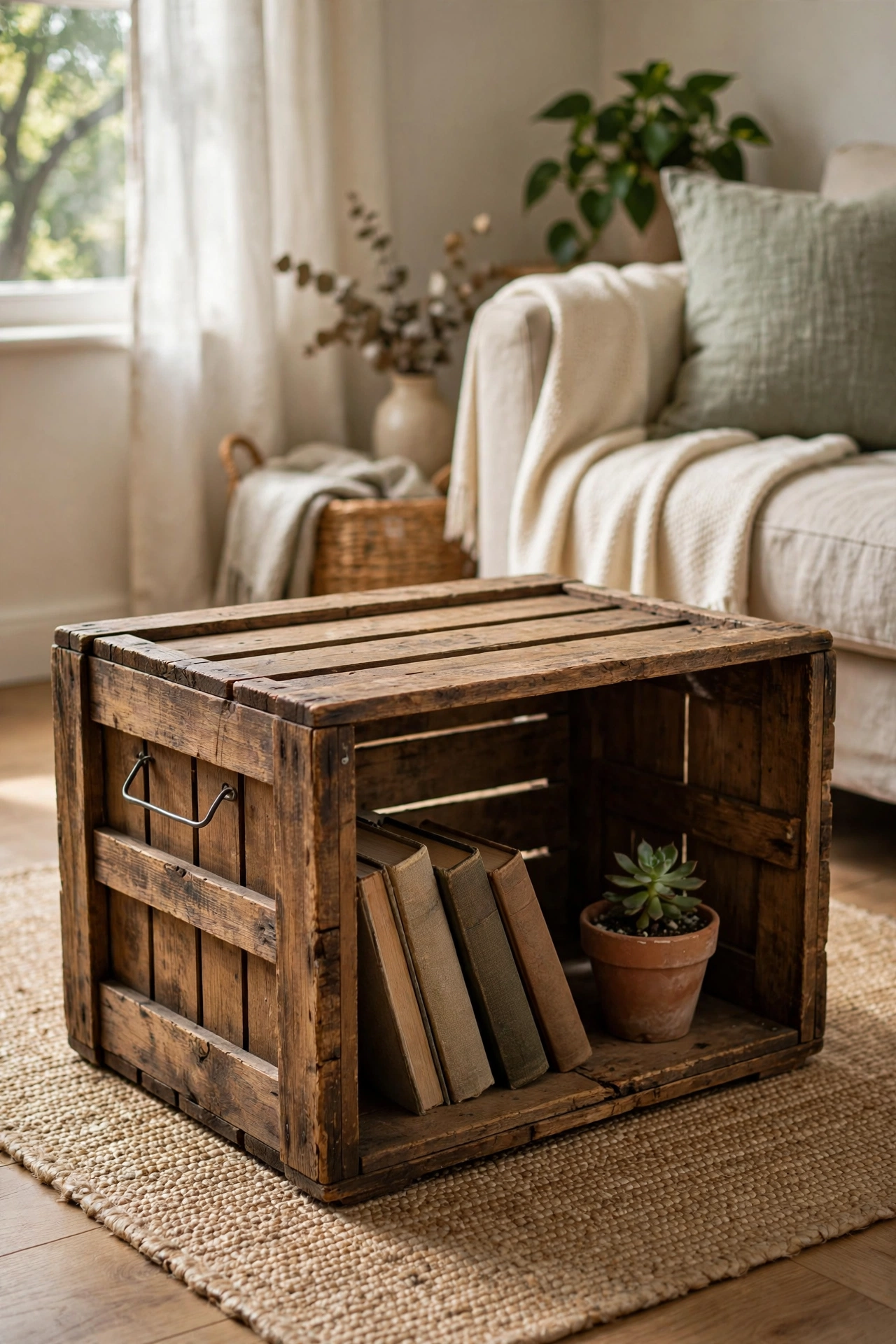 Wooden wine crate flipped on side used as rustic coffee table in living room