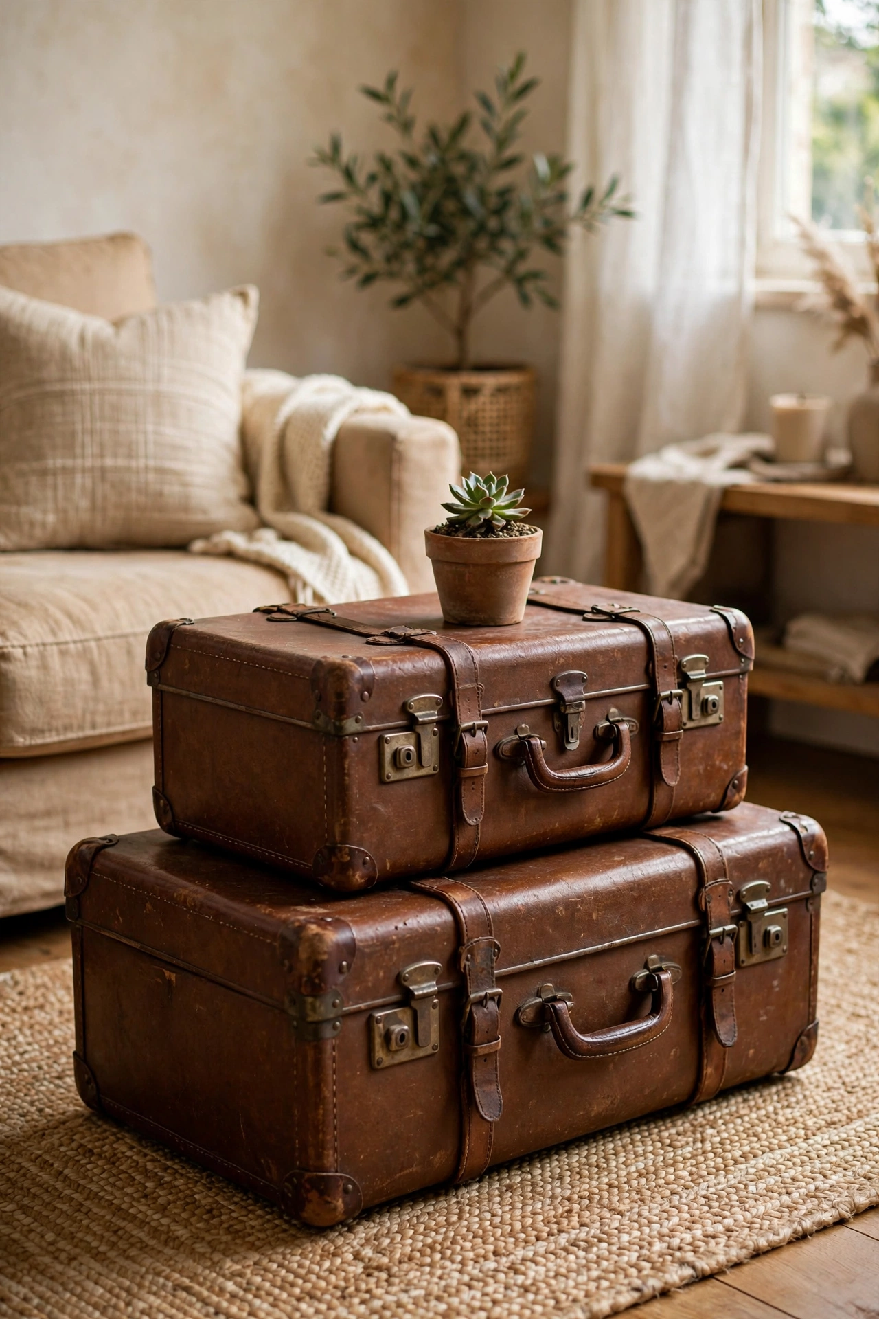 Stack of vintage suitcases used as coffee table with storage in living room