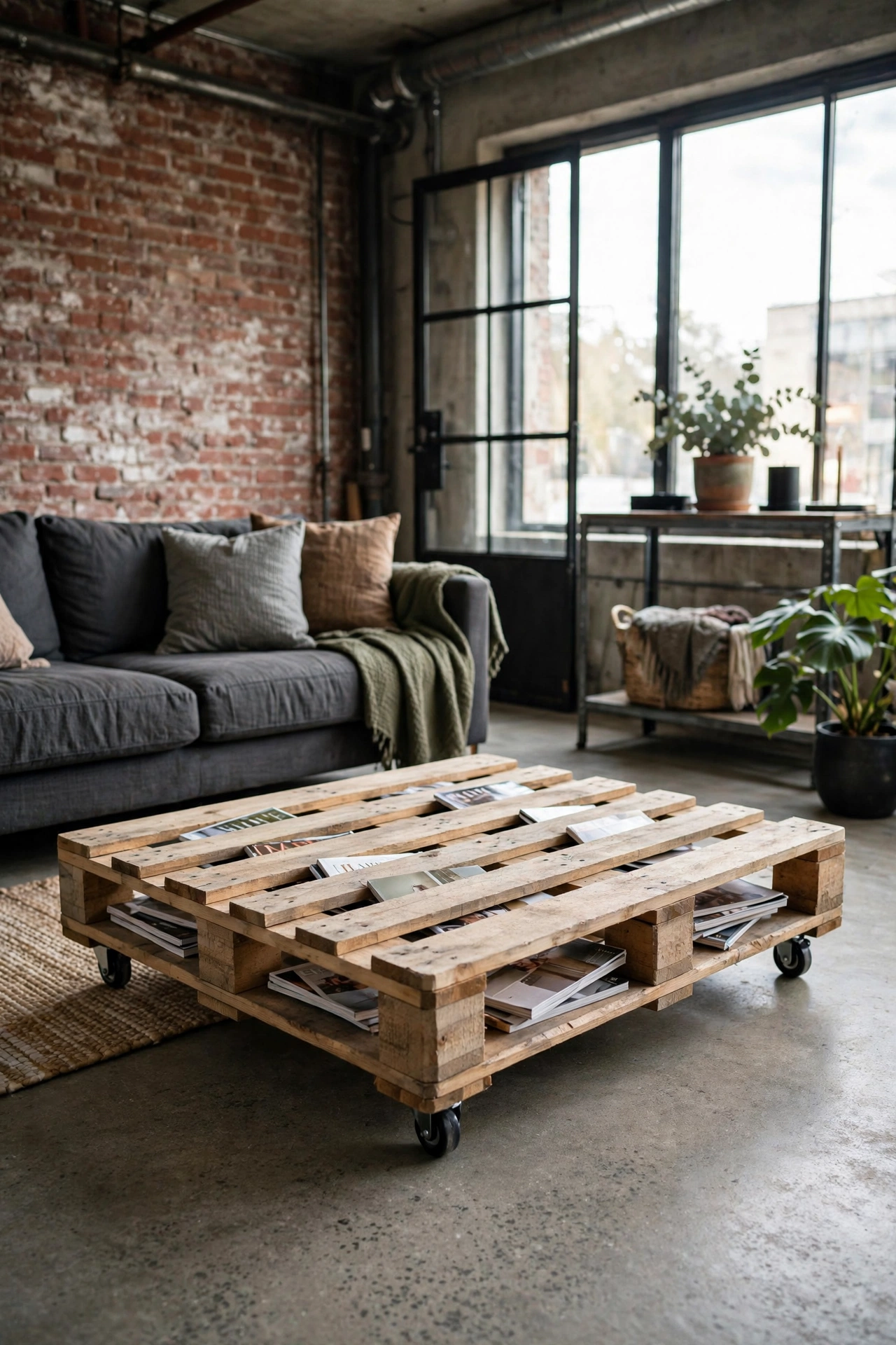 Wood pallet coffee table on black casters in industrial living room