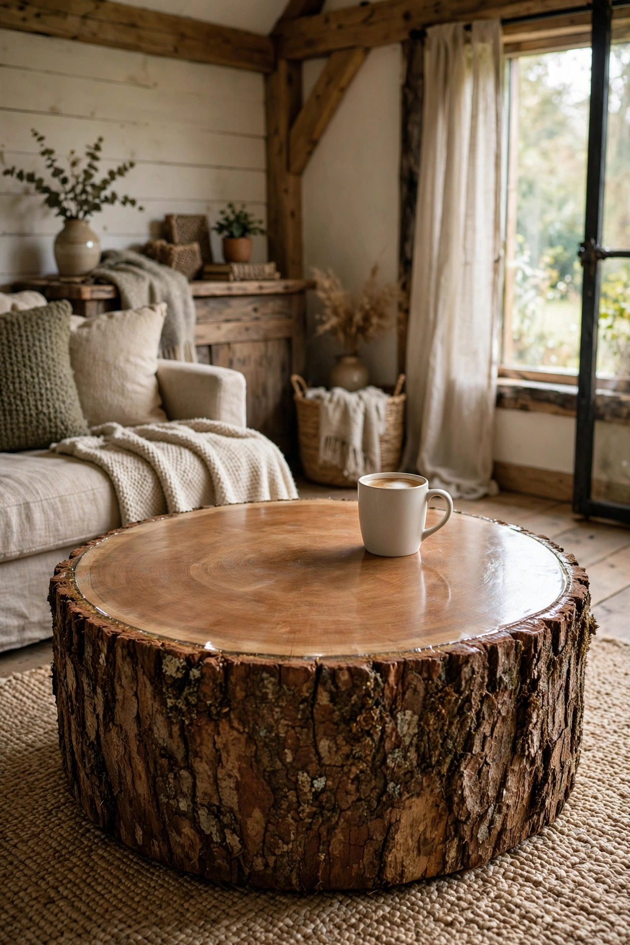 Natural tree stump coffee table with sealed top in rustic living room