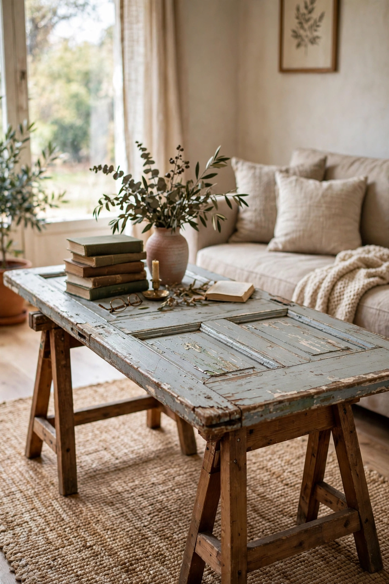 Old door slab on wooden sawhorses used as long coffee table