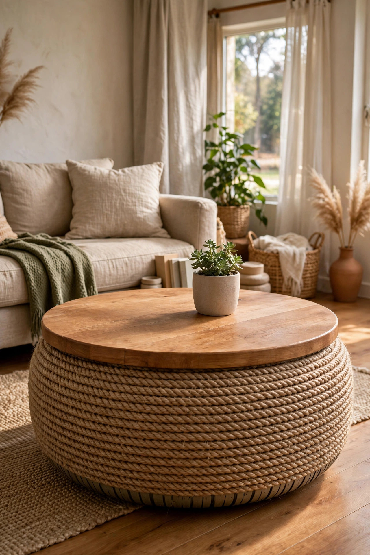 Old tire wrapped in sisal rope as round coffee table with wood top