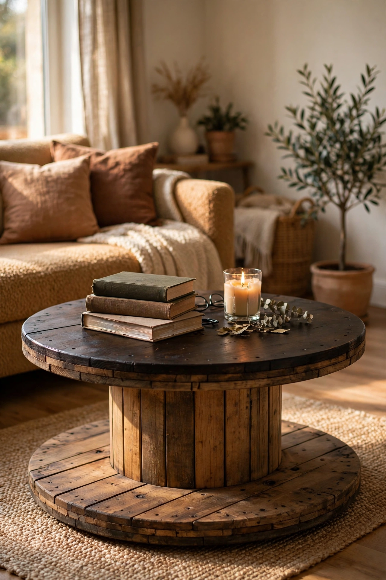 Wooden cable spool stained dark used as round coffee table