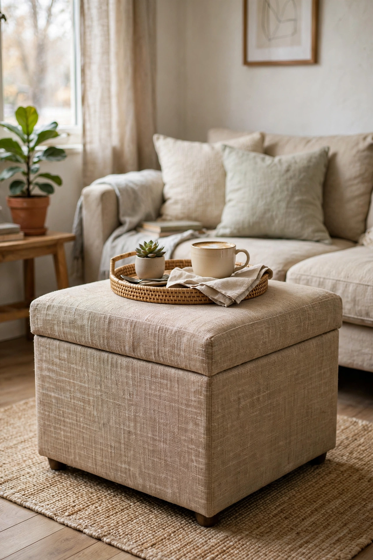 Storage bin wrapped in fabric as upholstered ottoman coffee table