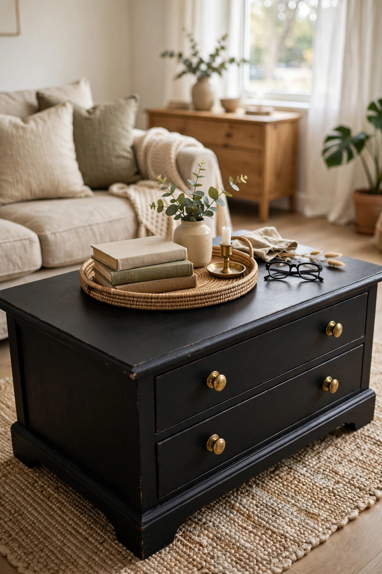 Thrifted wood coffee table painted matte black in budget living room