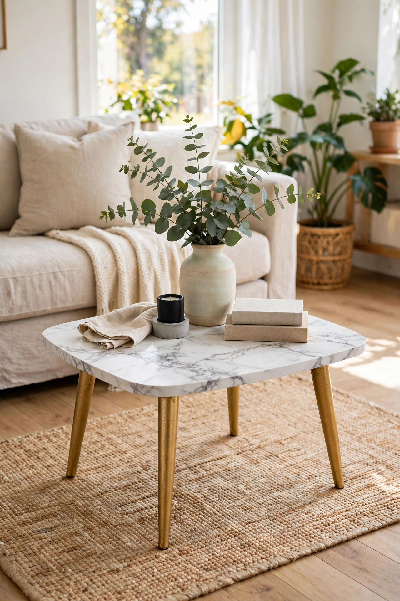 IKEA LACK coffee table hacked with marble contact paper top and gold legs