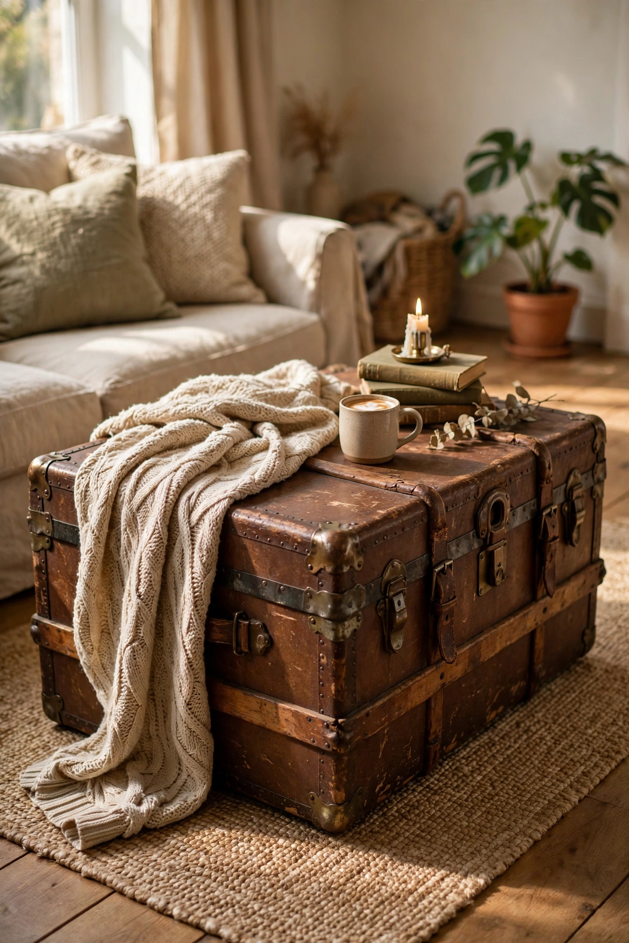 Vintage steamer trunk used as coffee table with blanket storage in living room