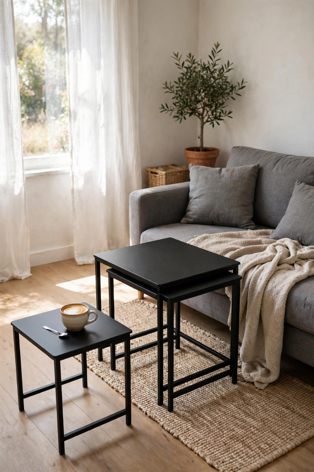Set of three black nesting tables beside sofa in small living room