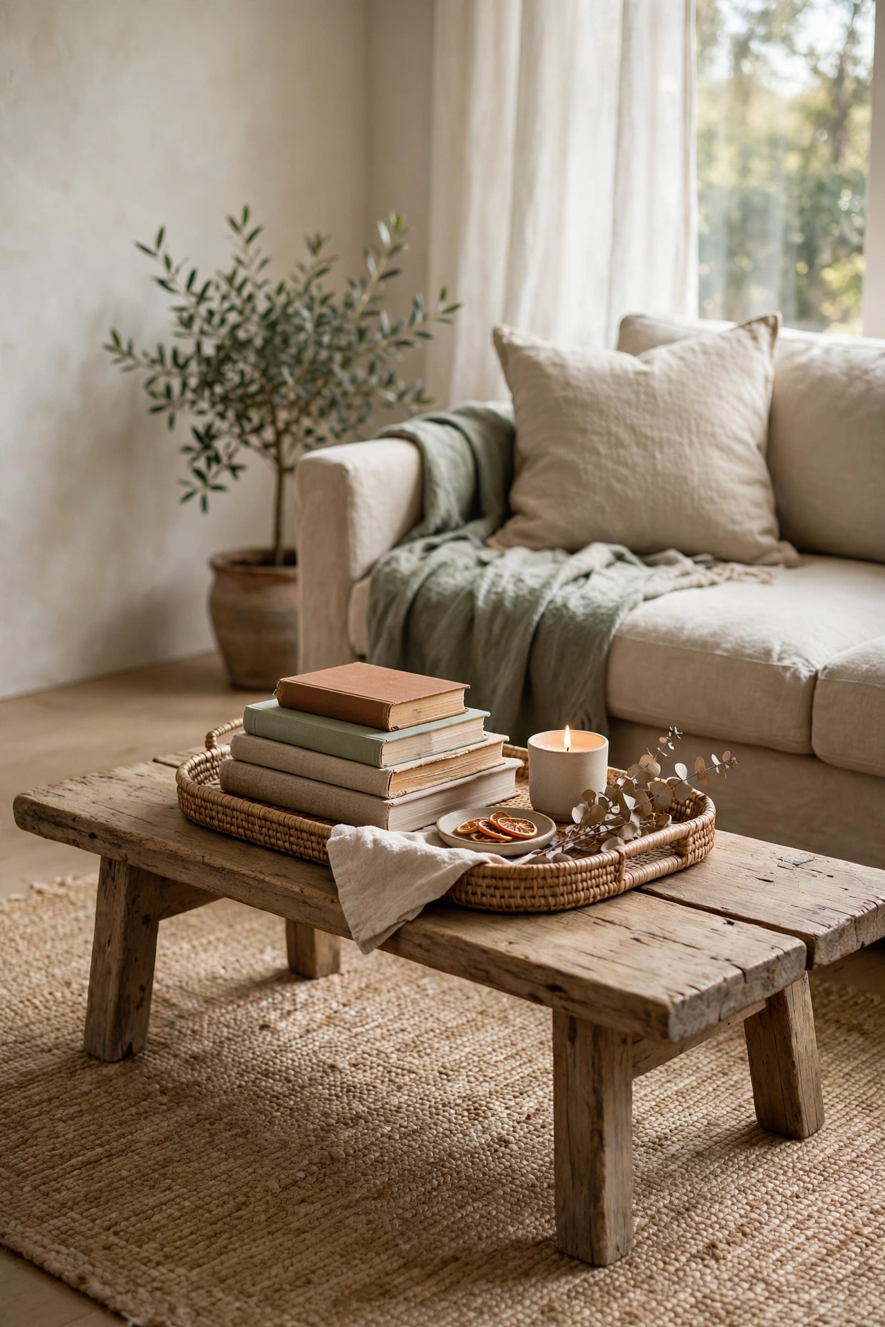 Low wooden bench styled as coffee table with tray and books