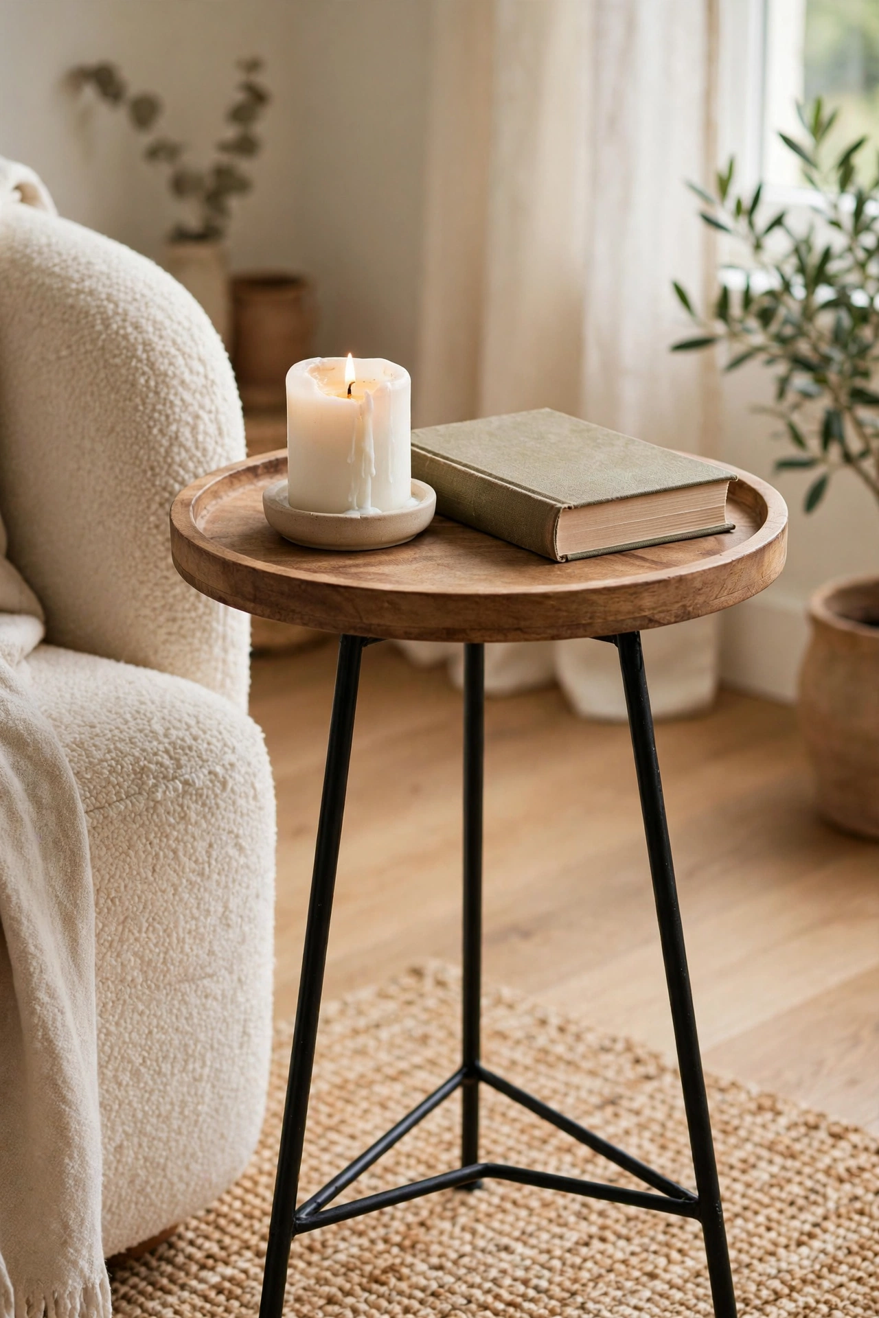 Round wood tray on metal plant stand as small side table in living room