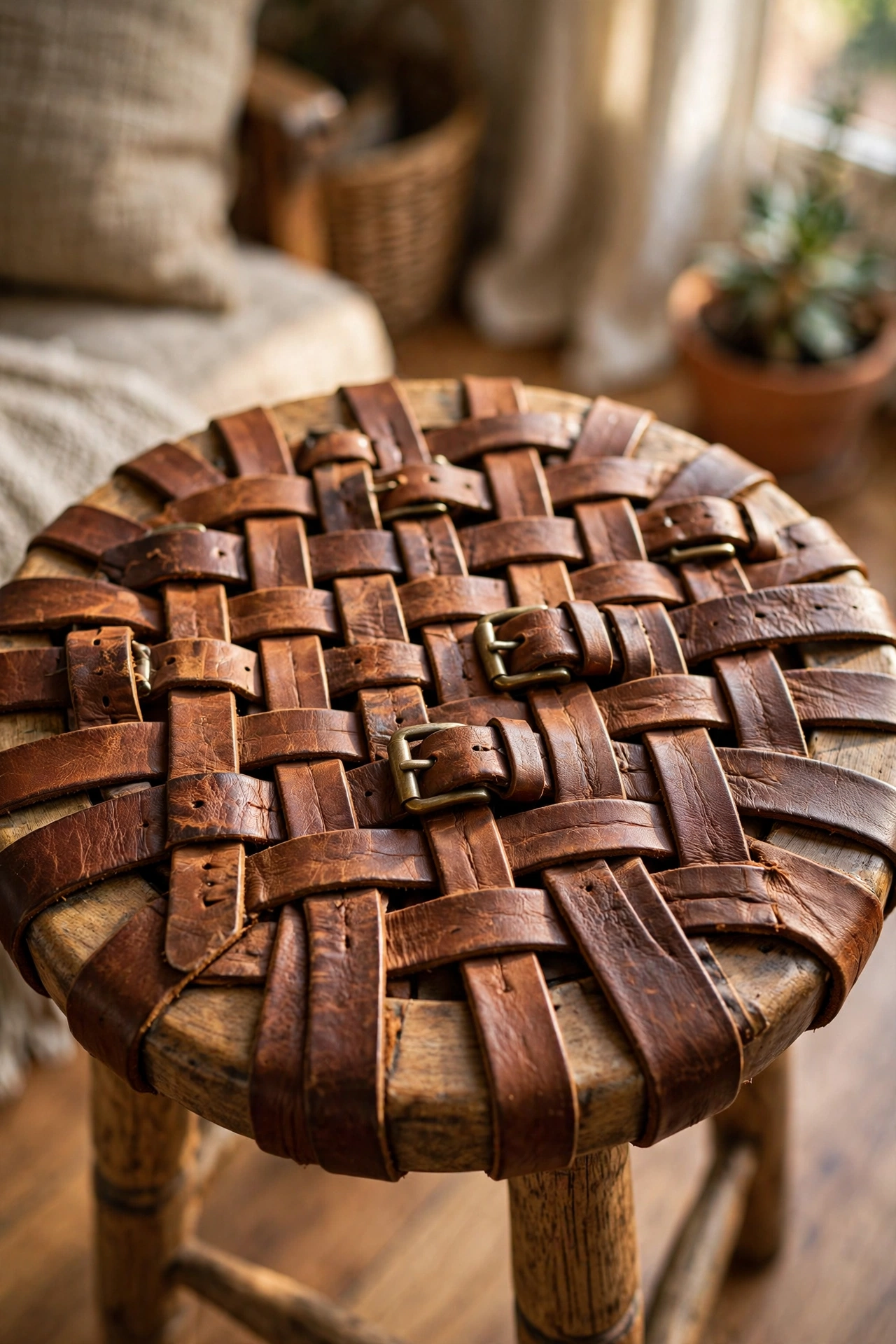 Wood stool wrapped in woven leather belts as textured coffee table