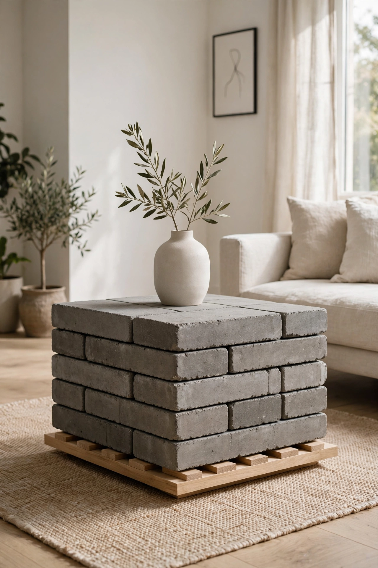 Concrete pavers stacked on wood crate as modern coffee table