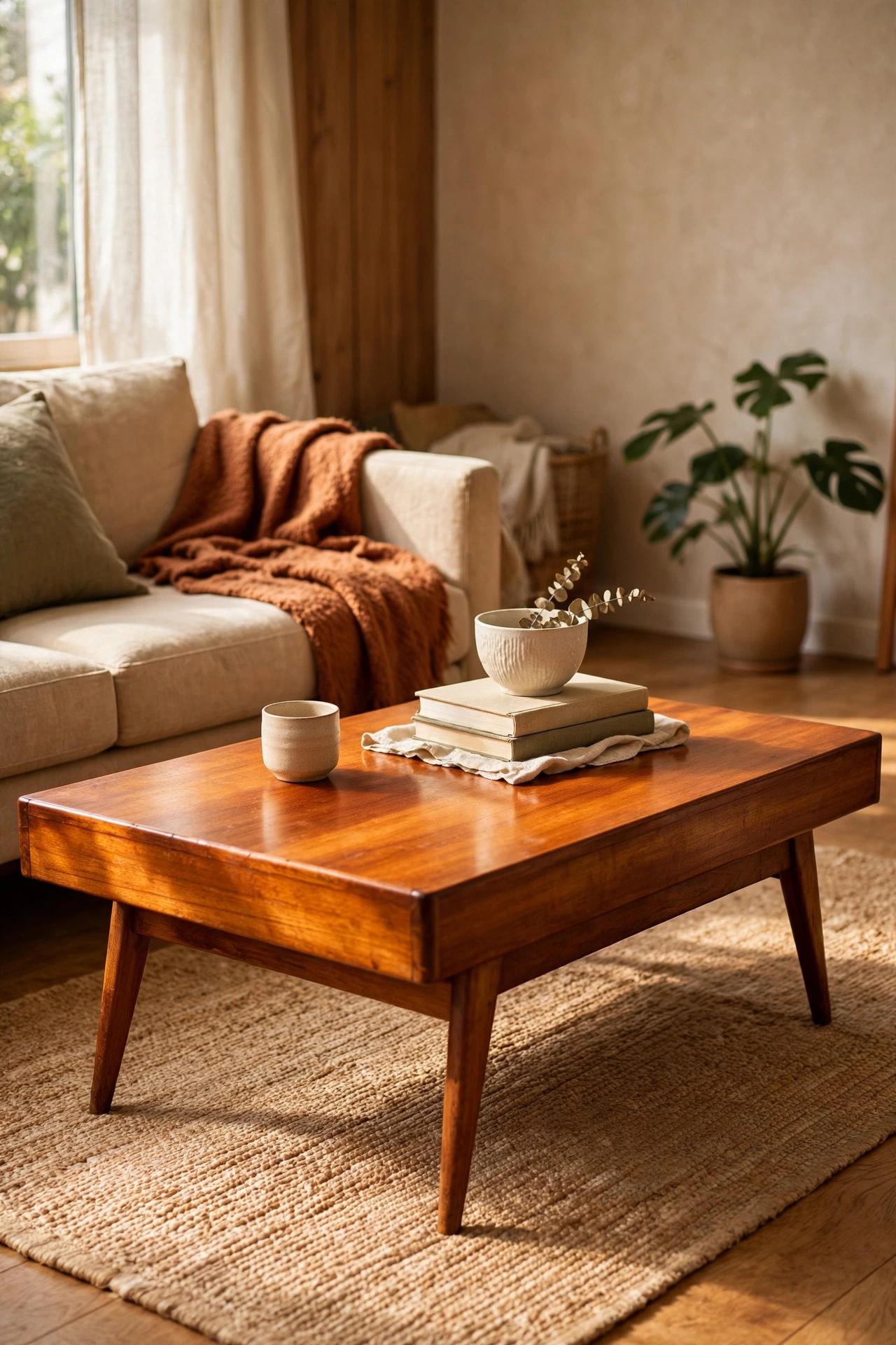Mid-century modern teak coffee table with tapered legs in living room