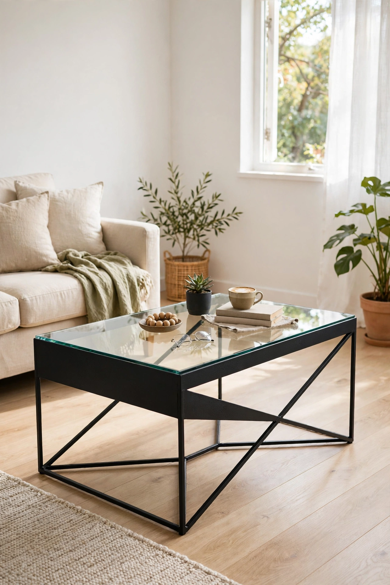Glass top coffee table with matte black painted base in small living room