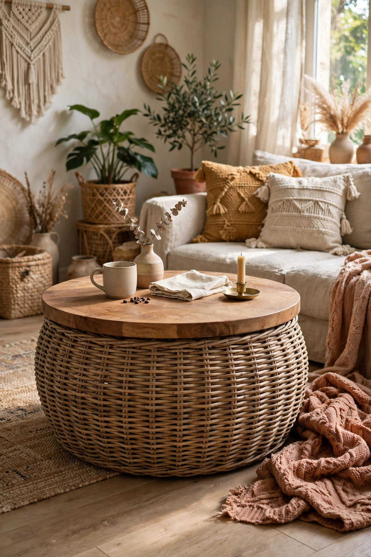 Large wicker basket with round wood top used as storage coffee table