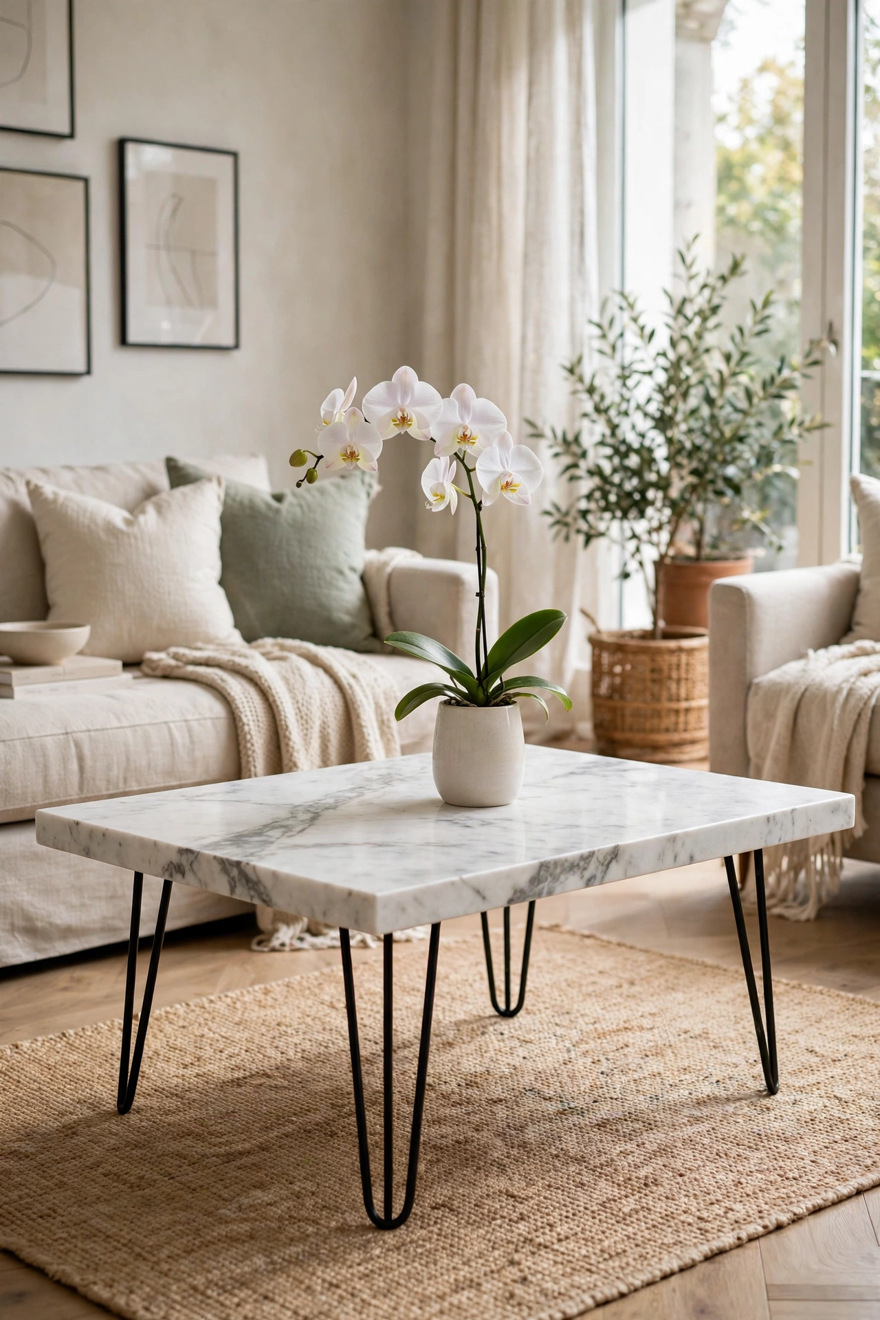 Marble slab remnant on black hairpin legs as luxury look coffee table